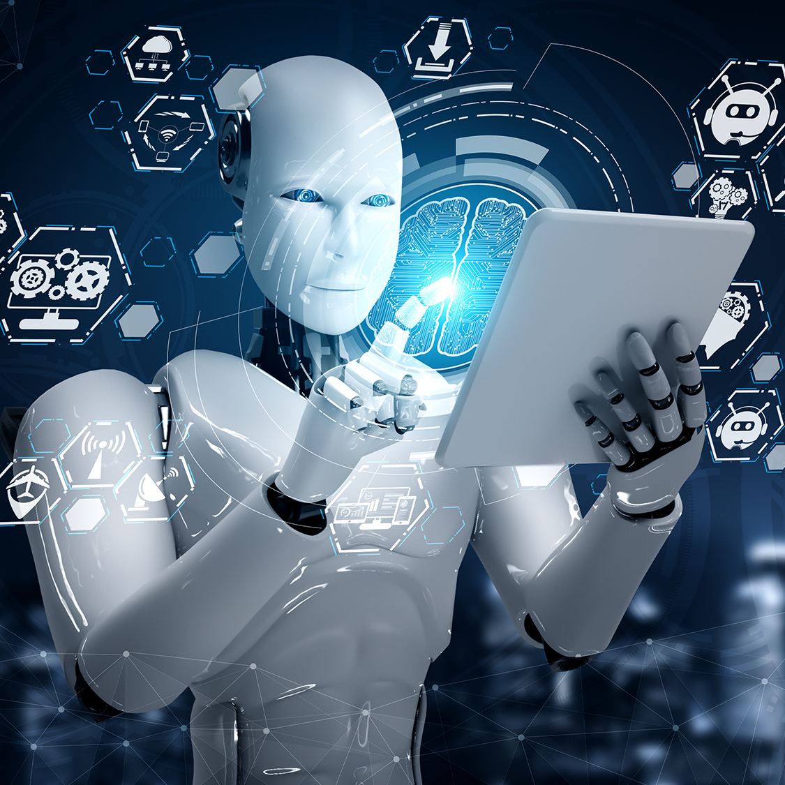 Robot humanoid using tablet computer in concept of AI thinking brain , artificial intelligence and machine learning process for the 4th fourth industrial revolution . 3D illustration.