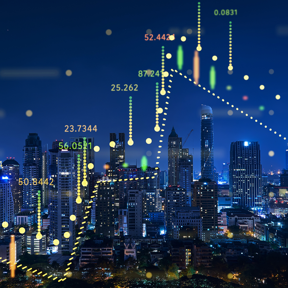 Beautiful Bangkok skyline at night with financial chart state blend in effect